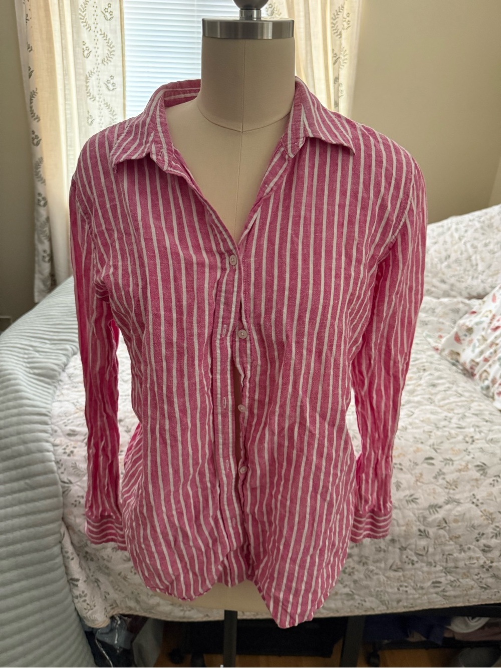 Ralph Lauren 100% linenWhite Striped preppy coastal Button-Up Shirt